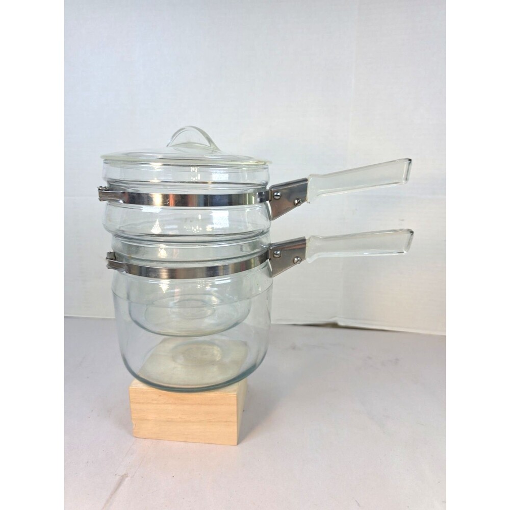 Vintage Pyrex Flameware Double Boiler Complete 3 Pc Set 1.5 Qt Clear Glass